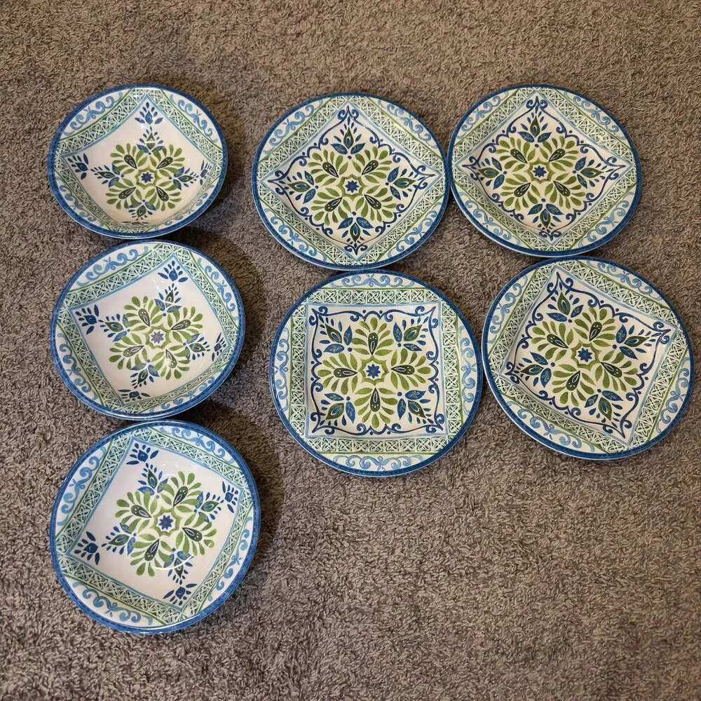 Talavera Melamine Plates Bowls Blue Green Spanish Tile Mediterranean SET of 7